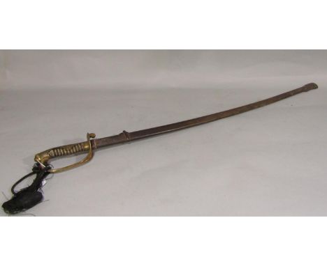 A 19th century Japanese sword with cast brass mounts, shagreen grip and steel scabbard, 108cm 