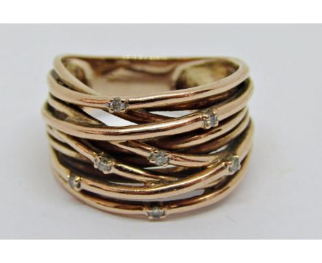 Contemporary 9ct ring set with diamonds, size R/S, 7.6g 