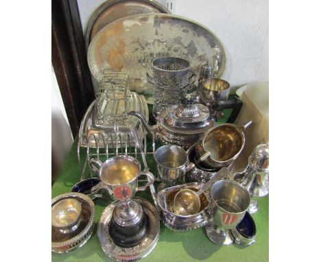 A mixed collection of silver plated items, mainly tablewares, tea service, wine coaster, gallery trays, etc 