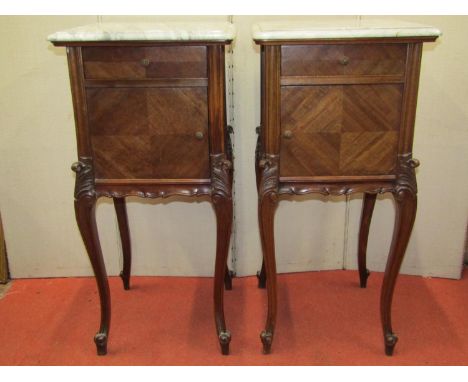 Pair of 19th century walnut bedside cupboards, front elevation enclosed by a frieze drawer over a ceramic lined cupboard, rai