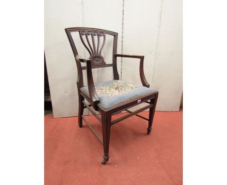 Edwardian mahogany open elbow chair with pierced splat, hand worked tapestry seat and square tapered moulded supports togethe