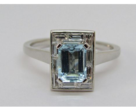 Platinum aquamarine and baguette cut diamond ring, size V/W, 9.4g 