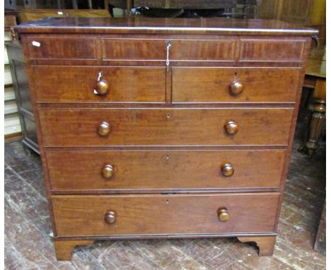 Mid-19th century mahogany chest of three long, two short and one small drawer, raised on bracket supports, 150cm wide 