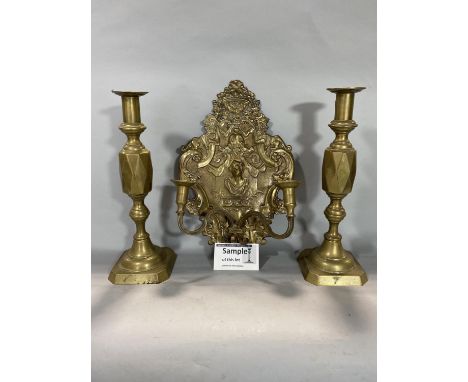 A mixed collection of antique brass ware to include a twin sconce wall light, the back plate cast with scrolled foliage and a