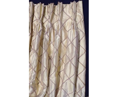 3 pairs curtains in pale yellow silk, lined and with thick thermal lining, triple pleat heading and tiebacks.  Approx sizes p