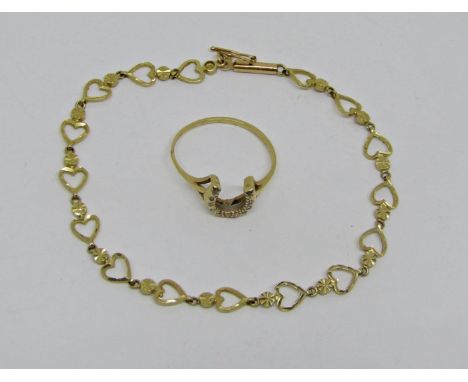 14k horseshoe ring set with diamonds, size M/N and a 14k bracelet with heart shaped links, 4.3g (2) 