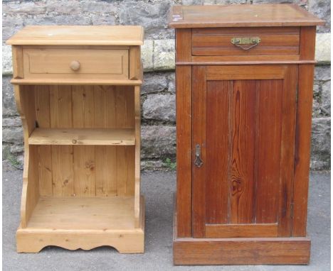 A late Victorian pitched pine washstand, the hinged lid with applied framed mirror plate over a transfer printed drop in cera