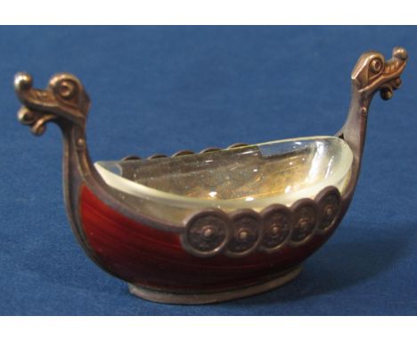 Norwegian silver and enamel novelty salt in the form of a Scandinavian long boat, stamped 925 S Sterling Norway to base, with