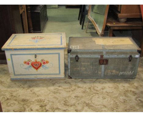A 19th century painted pine box with floral and other detail, 60cm wide together with a further travel trunk with galvanised 