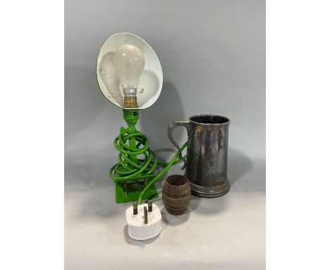 Vintage industrial green painted clamp light together with a square wicker basket, a match stick holder with plaque inscribed