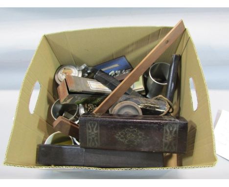 Mixed miscellaneous lot, various tankards, engineering tools, a wooden train etc 