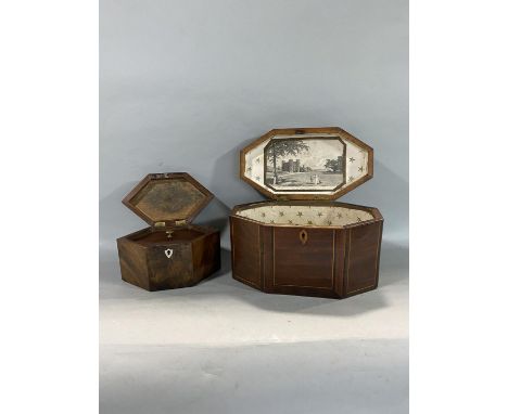 Regency crossbanded mahogany octagonal tea caddy (converted) 26cm long, together with a further similar flamed mahogany examp