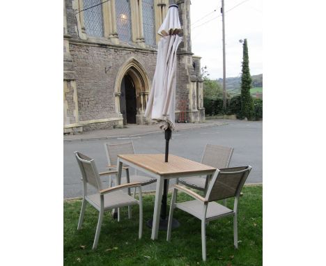 A contemporary cream painted light steel/aluminium garden table with square hardwood slatted top, together with a set of four