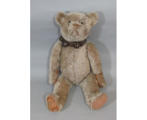 Vintage Teddy bear, possibly American with long limbs, felt paws, pronounced upturned snout with stitched nose and mouth and 