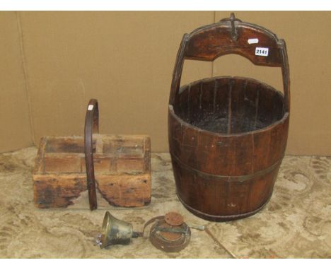 A Chinese well bucket with iron fittings together with a vintage wooden divisional tray/basket and a servants bell (3) 