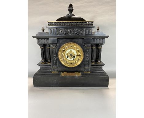 Impressive, late 19th century/early 20th century black slate mantle clock in Raj style, brass and enamel dial, Arabic numeral