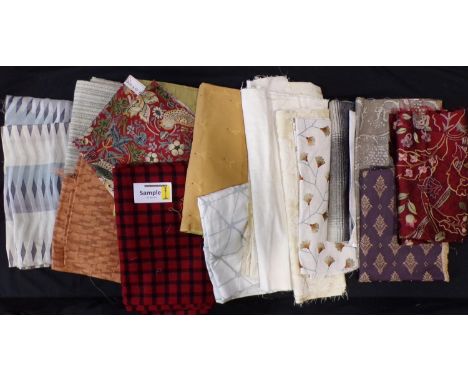 Box of good quality fabric remnants including small pieces of Morris 'Strawberry Thief', a 65cm length of Sanderson 'Mary Iso