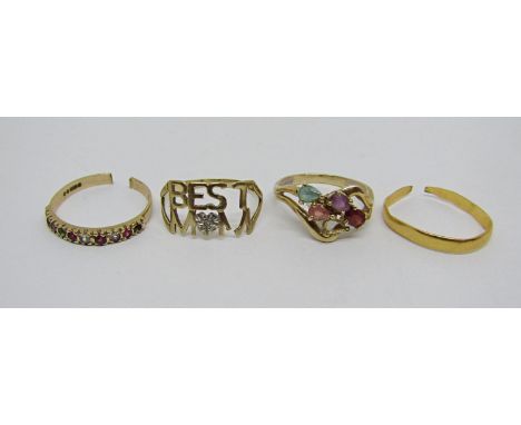 22ct wedding ring, 1.2g and three further 9ct gem set rings, 4.8g (all af) (4) 