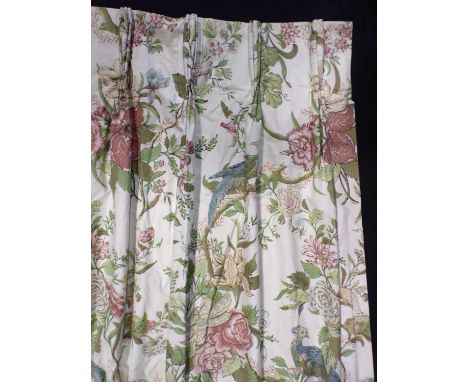 2 pairs full length lined curtains in a floral/ bird print with triple pleat heading for curtain use or for fabric salvage. S