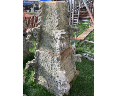 (3 of 3) An early 17th century Oolitic limestone pinnacle with Crocket detail, approximate height 2 metres, base 65 x 65 cm a