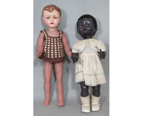 2 vintage mechanical walking dolls, the first  is French by Gégé circa 1940's, 60cm tall with painted features, all compositi