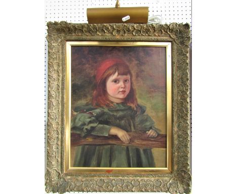 19th century school, half length portrait of a little girl in green dress and red cap, oil on canvas, no visible signature, 5