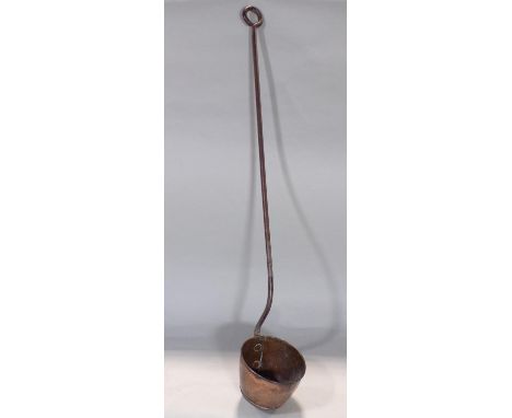 Large antique copper and wrought iron ladle 77cm long 