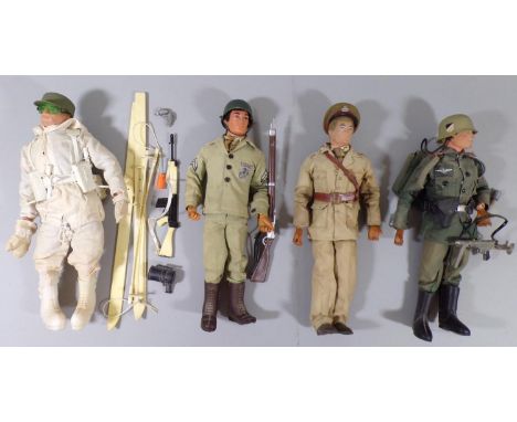 4 vintage Action Man figures with flock hair,all fully dressed, including a 'Polar &amp; Arctic' figure with gripping hand, G