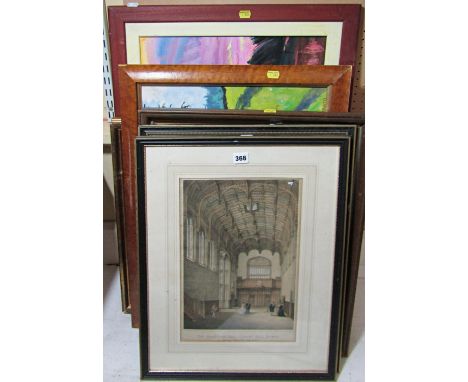 A collection of pictures and prints including an 18th century coloured engraving after George Vertue showing King's Street Ga