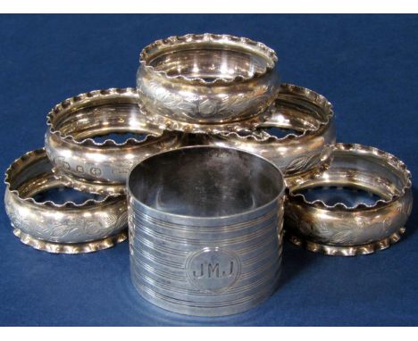 Set of six silver napkin rings with wavy rings and engraved bowls, maker S &amp; Co, Birmingham 1896, together with a further