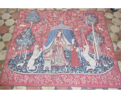 Large French wall tapestry, 'Point de L'Halluin' approx size 130x150cm (displayed in Schoolroom) 
