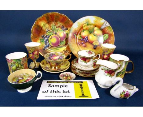 A quantity of Aynsley teawares with fruit decoration in the Royal Worcester style comprising twelve cups (various patterns), 