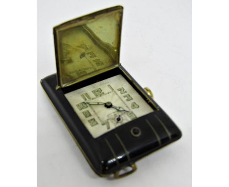 Unusual art deco ladies enamel purse watch, the concealed dial under a sprung hinge and push button, with guilloche enamel an