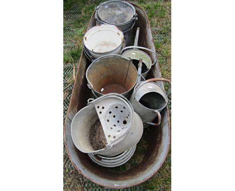 One lot of vintage galvanised ware to include various heavy gauge buckets with loop loose handles, watering cans, three furth