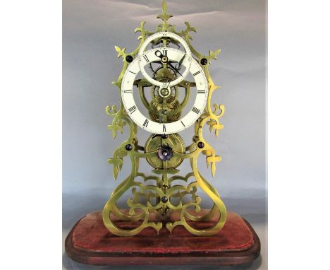 Good quality antique brass single fusee skeleton clock, with enamelled chapter ring and further subsidiary chapter ring, unde