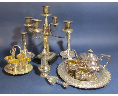 Aesthetic period four branch silver plated candelabra, with simulated  bamboo branches, square column with scrolled brackets 