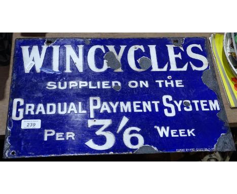 Vintage double-sided enamel advertising signs for Win Cycles supplied on the gradual payment system, 3/6 per week, length 18"