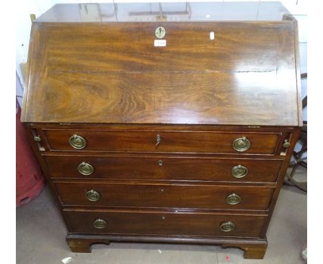 A George III mahogany bureau, fall front revealing a satinwood-banded fitted interior, with 4 long graduated drawers under, b
