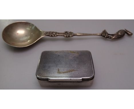 A Danish engine turned silver snuffbox, and a Dutch silver "stork" top spoon (2)