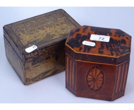 An inlaid 19th century caddy, 5" across, and another with a metal liner and chinoiserie decoration