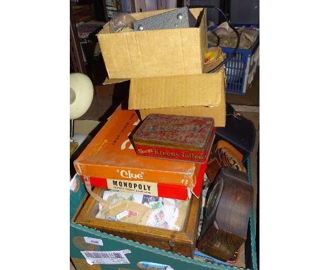 Postage stamps, tins, a clock etc