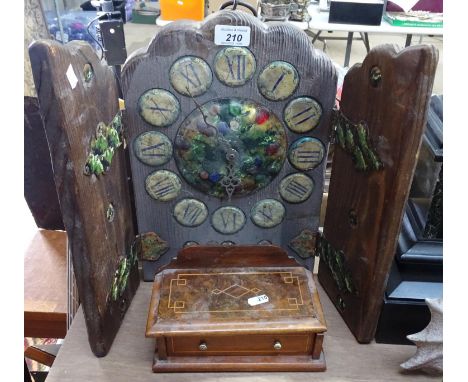 A carved pine clock, height 15", and a walnut box