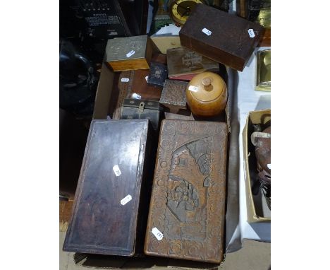 A 19th century rosewood tea caddy, length 12", a carved Chinese box, cribbage board etc