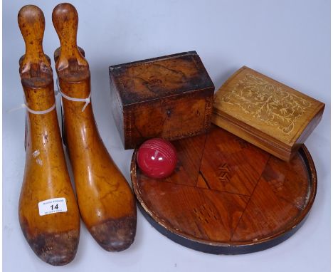 A pair of wooden shoe trees, size 7 1/2, a caddy, a box etc