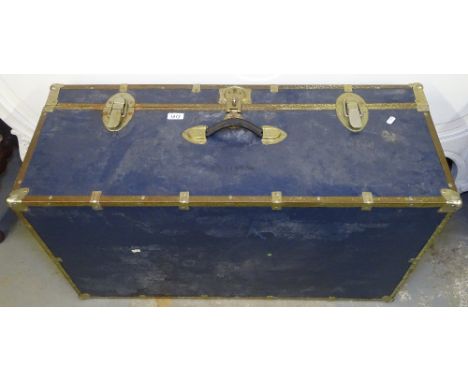 A blue and metal-bound travelling trunk, W91cm
