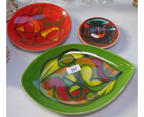A Poole Pottery green ground Delphis dish, 12" across, and 2 other Poole dishes