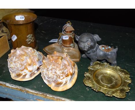 Shells with portrait decoration, a dog pin cushion, an Art Nouveau desk stand etc