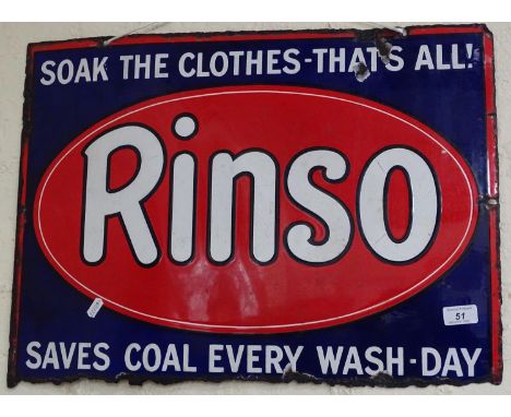 A Vintage enamel Rinso sign "Soak the clothes - that's all!" and "Rinso saves coal every wash day", 61cm x 44cm