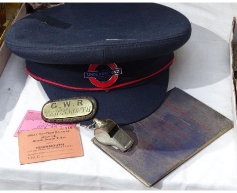 A Great Western Railway whistle and plaque etc, an Underground cap, and a Southern Railway instructions manual 