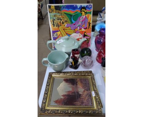 2 gilt-framed pictures, a teapot, a Beatles album, and paperweights